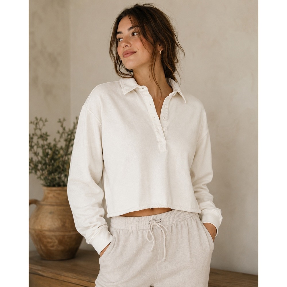 Aerie Womens XL Cream Cotton Polo Sweatshirt Long Sleeve Cropped Raw Hem